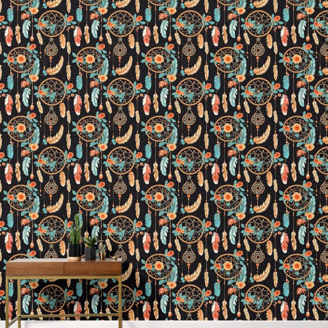 Boho dream catcher tiled pattern floral  wallpaper (Hallway)