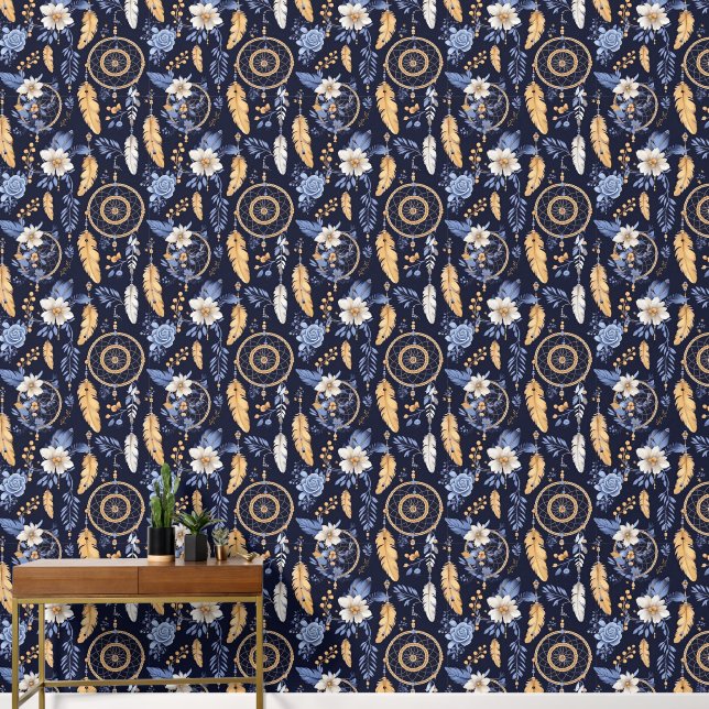 Boho dream catcher tiled pattern floral wallpaper (Hallway)