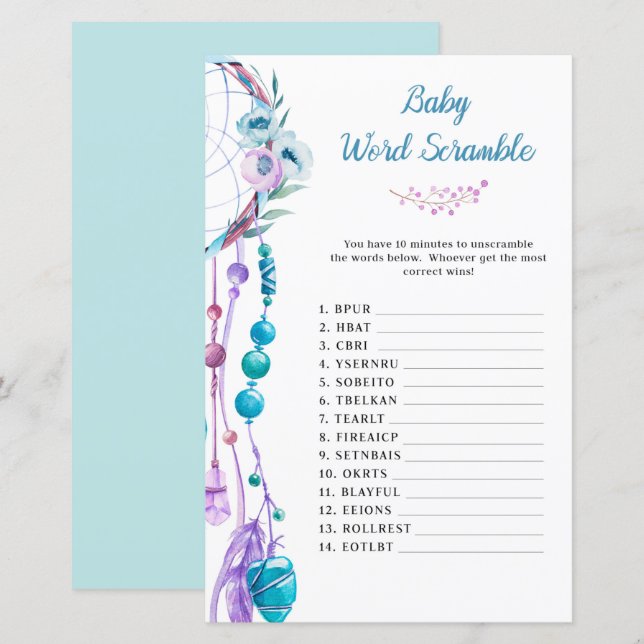 Boho Dreamcatcher Baby Shower Word Scramble (Front/Back)