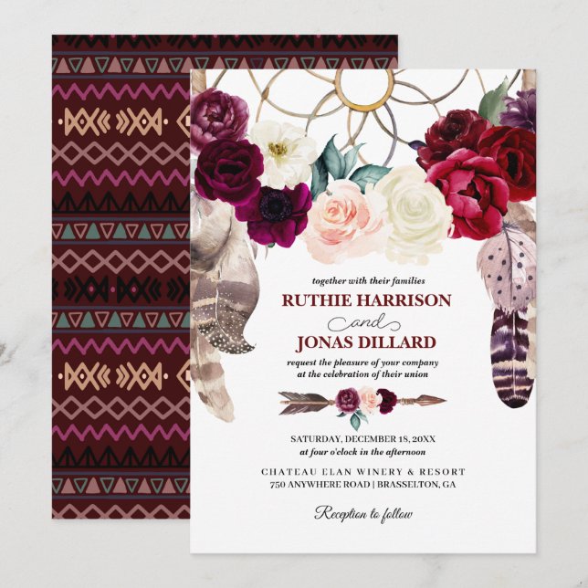 Boho Dreamcatcher Burgundy Wedding Invitation (Front/Back)
