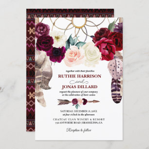 Boho Dreamcatcher Burgundy Wedding Invitation