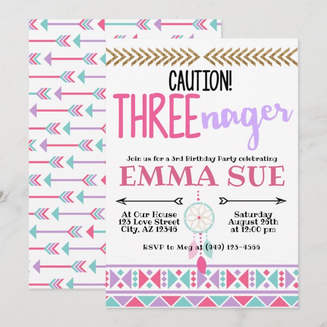 Boho Dreamcatcher Caution Three-nager 3rd Birthday Invitation (Front/Back)