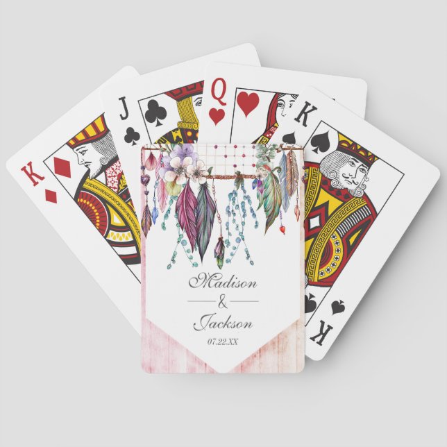 Boho Dreamcatcher & Feathers Pink Wedding Favour Playing Cards (Back)