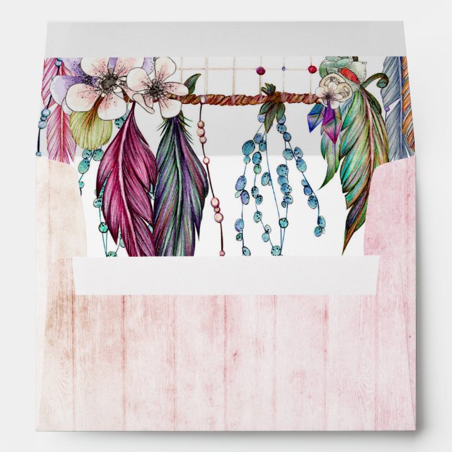 Boho Dreamcatcher & Feathers Pink Wedding Monogram Envelope (Back (Bottom))