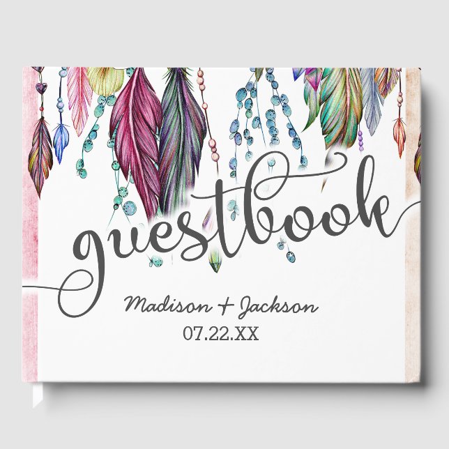 Boho Dreamcatcher & Feathers Pink Wedding Monogram Guest Book (Front)