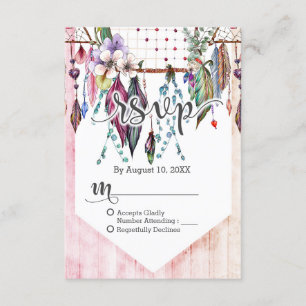 Boho Dreamcatcher & Feathers Pink Wedding RSVP Card
