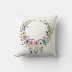 Boho Dreamcatcher Floral Wreath Watercolor Throw Pillow