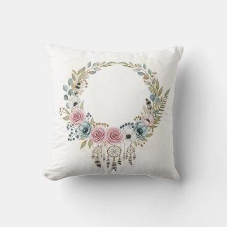Boho Dreamcatcher Floral Wreath Watercolor Throw Pillow