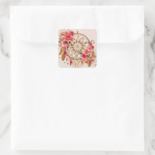 Boho Dreamcatcher Pink Gold Floral Watercolor Square Sticker
