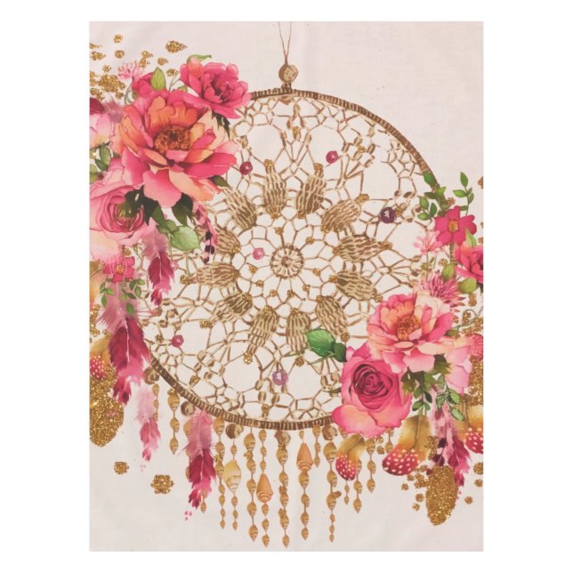 Boho Dreamcatcher Pink Gold Floral Watercolor Tablecloth (Front)