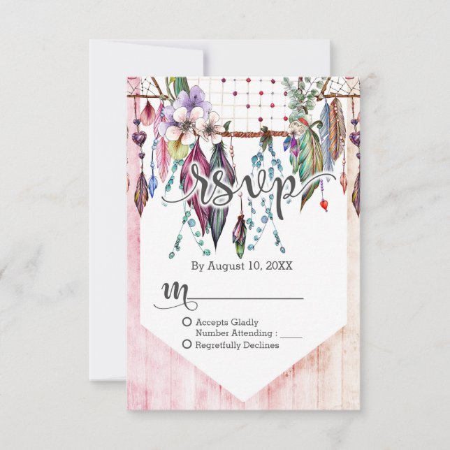 Boho Dreamcatcher & Plumes Mariage rose RSVP (Devant)