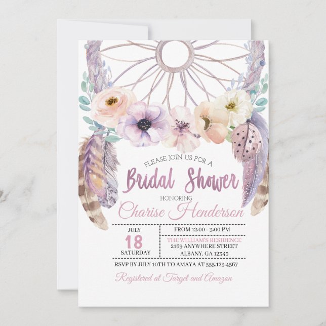 Boho Dreamcatcher Purple Bridal Shower Invitation (Devant)