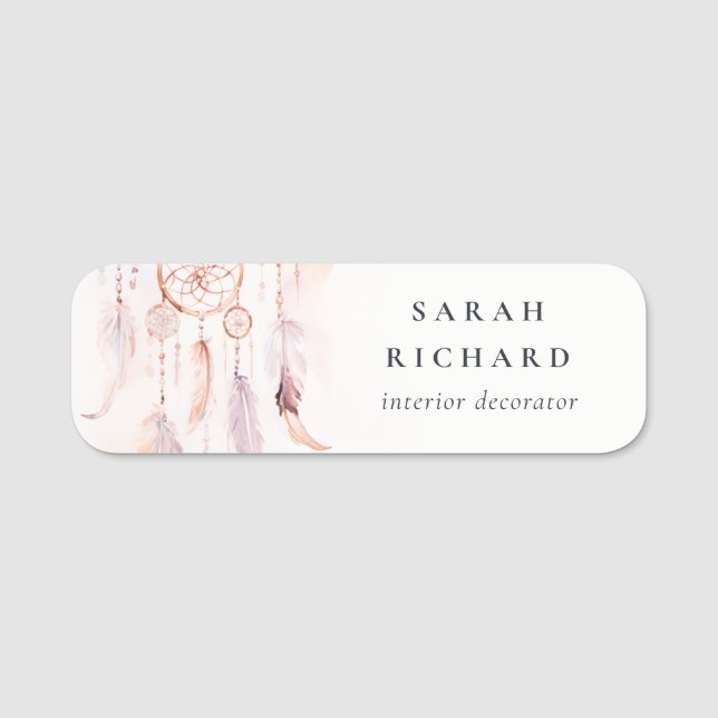Boho Dreamcatcher Watercolor Lilac Blush Peach Name Tag (Front)