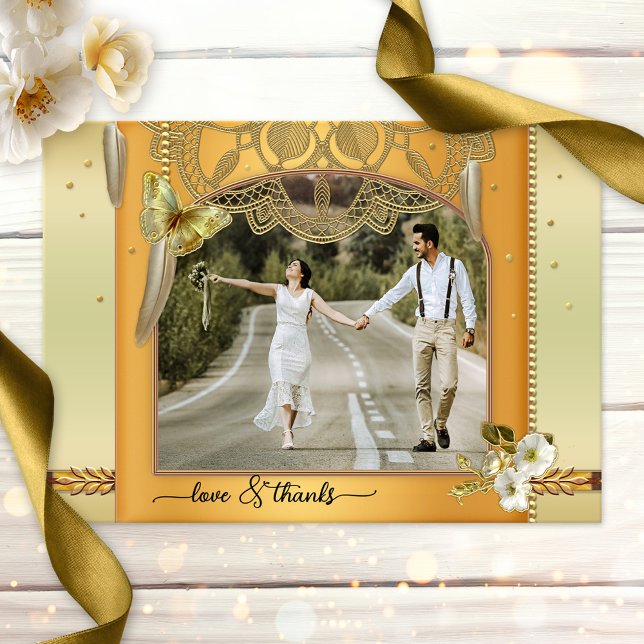 Boho Dreamcatcher Wedding Photo Love Thanks Card (Wedding Thank You photo card featuring your wedding photo framed by a boho chic dreamcatcher design)