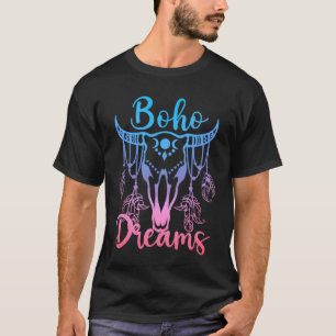 Boho Dreams Cattle Skull Feathers Blue Pink Ombre T-Shirt