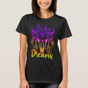 Boho Dreams Cattle Skull Feathers Bright Rainbow O T-Shirt
