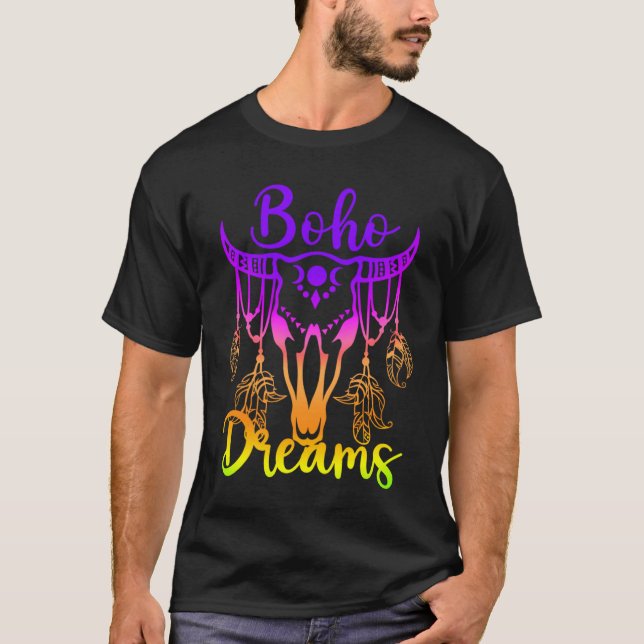 Boho Dreams Cattle Skull Feathers Bright Rainbow O T-Shirt (Front)