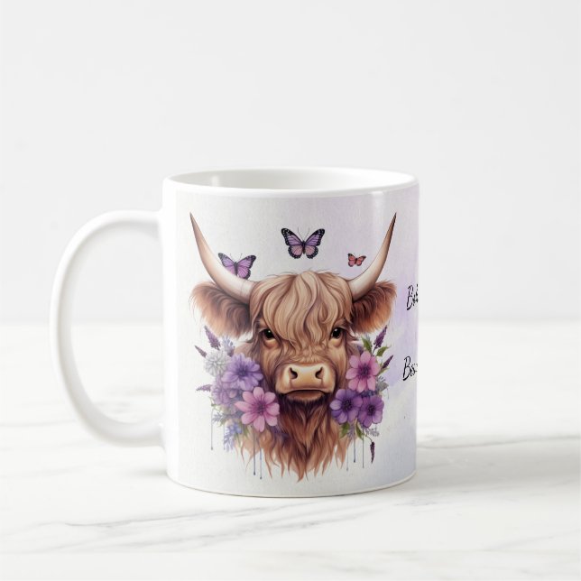 Boho Dreams Floral Purple Highland Cow Whimsical  Coffee Mug (Left)