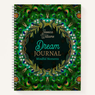 Boho Dreams Peacock Feathers Green Mandala Notebook