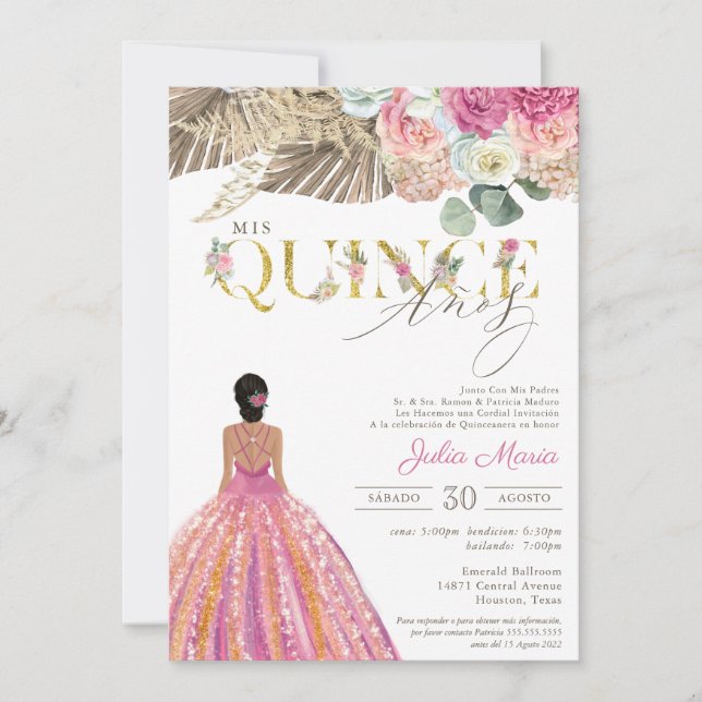 Boho Dried Floral Spanish Mis Quince Anos Birthday Invitation (Front)
