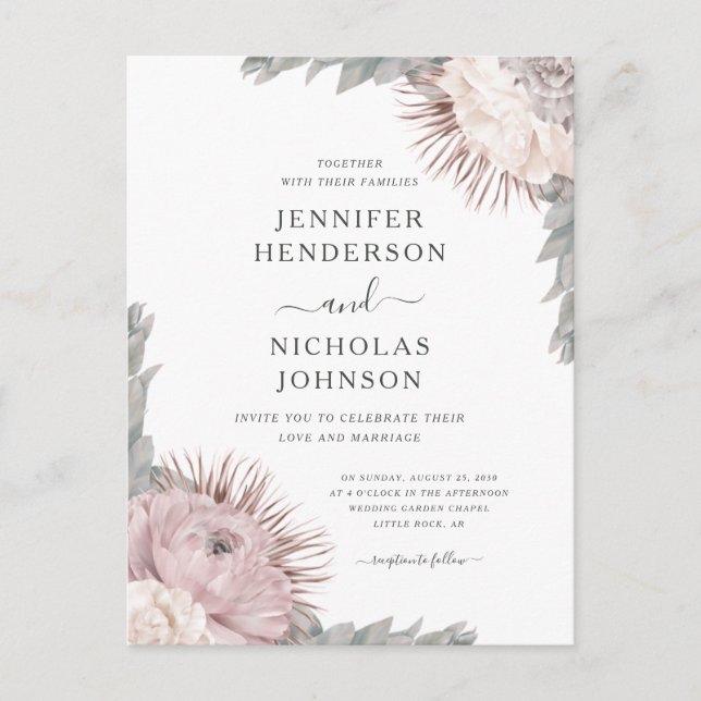 Boho Dried Flowers  Dusty Rose Wedding Invitation Postcard (Front)
