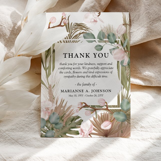 Boho Dried Leaves, Pampas & Pink Orchid Funeral  Thank You Card (Creator Uploaded)