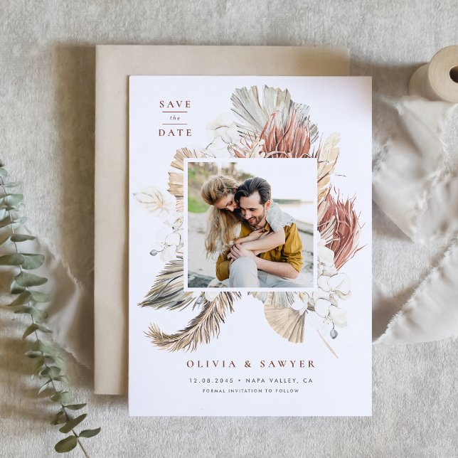 Boho Dried Palm and White Orchid QR Code Photo Save The Date (QR code save the date featuring a watercolor pampas grass, dried palm, orchids, and anthurium.)