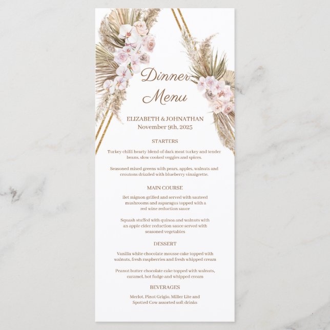 Boho Dried Palm Leaf Pampas Grass Gold Arch Dinner Menu (Front)
