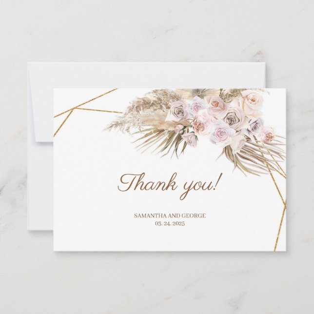 Boho Dried Palm Pampas Grass Dusty Pink Orchid  Thank You Card (Front)
