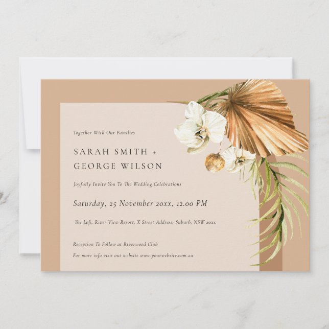 Boho Dried Palm Rust Floral Arch Wedding Invite (Front)