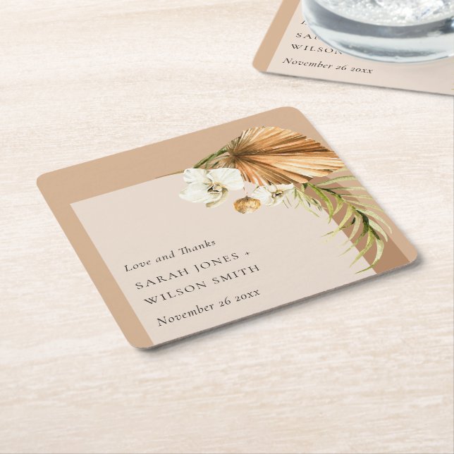 Boho Dried Palm Rust Floral Arch Wedding Thanks Square Paper Coaster (Angled)