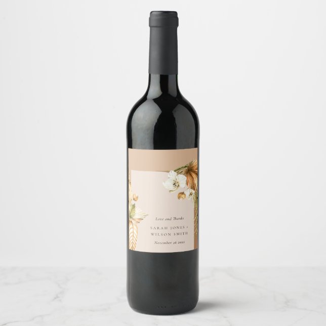Boho Dried Palm Rust Floral Arch Wedding Thanks Wine Label (Front)