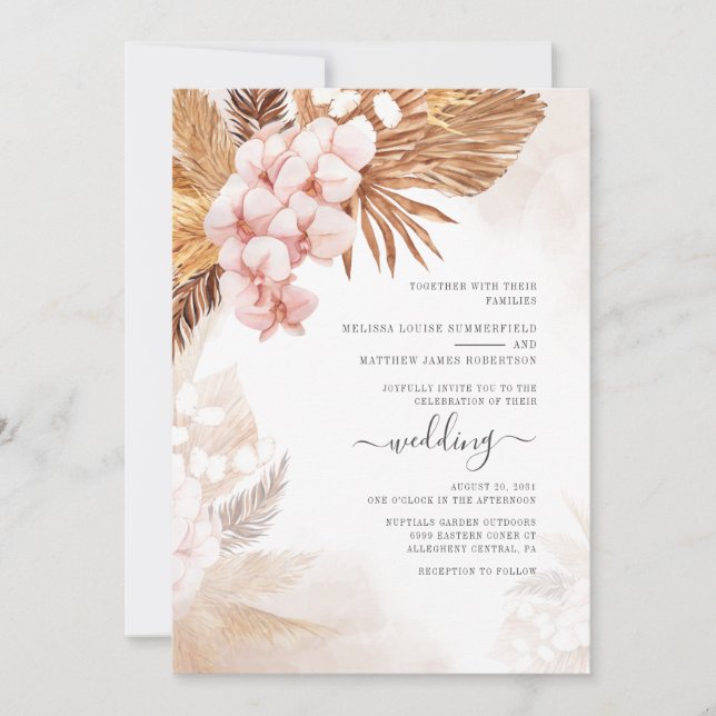 Boho Dried Palms Pampas Grass Terracotta Wedding Invitation (Front)