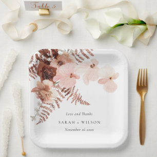 Boho Dried Rust Blush Fern Orchid Wedding Thanks Paper Plate