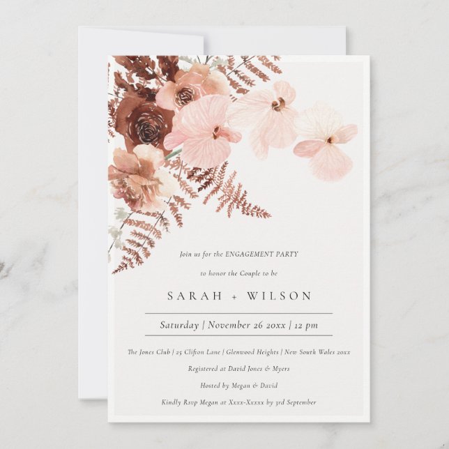 Boho Dried Rust Blush Orchid Engagement Invite (Front)