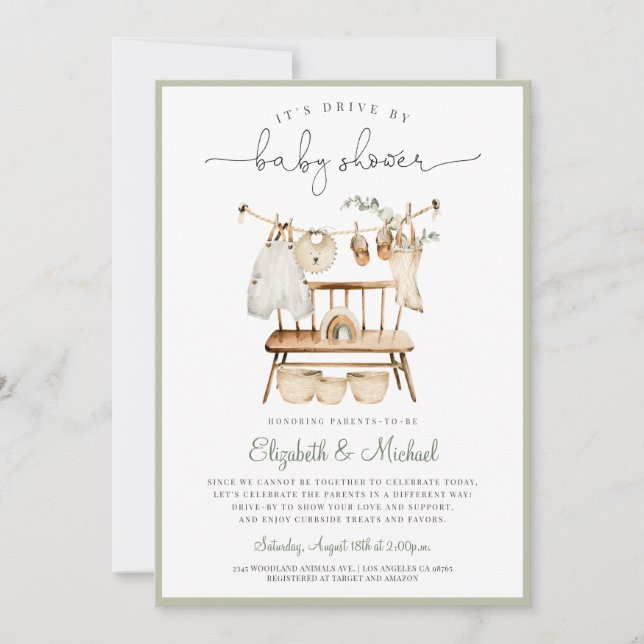 Boho Drive By Eucalyptus Green Neutral Baby Shower Invitation (Front)