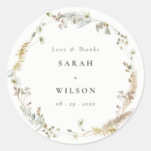 Boho Dry Palm Pampas Grass Floral Wreath Wedding Classic Round Sticker