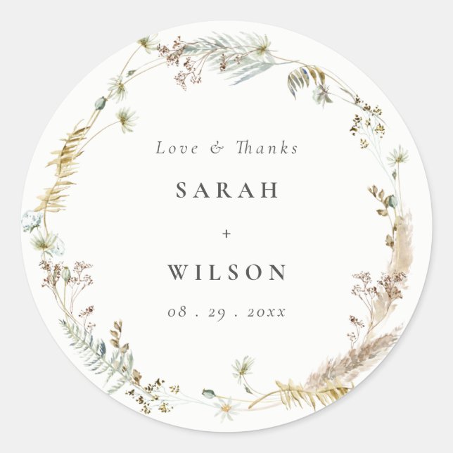 Boho Dry Palm Pampas Grass Floral Wreath Wedding Classic Round Sticker (Front)