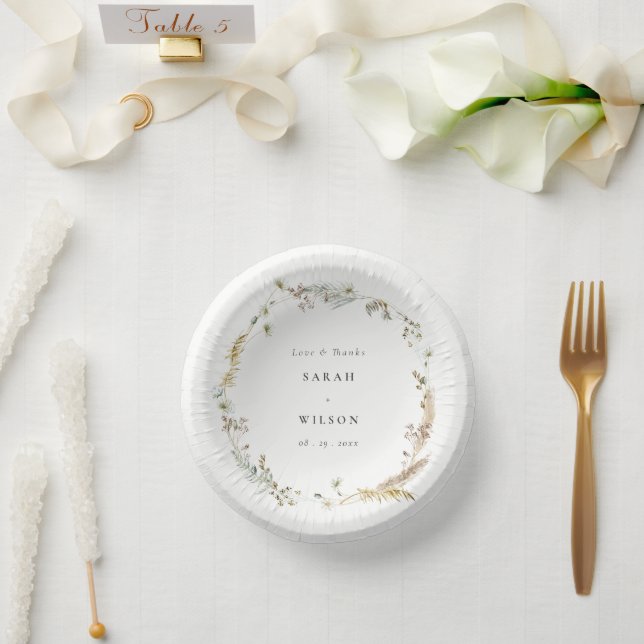 Boho Dry Palm Pampas Grass Floral Wreath Wedding Paper Plate (Wedding)