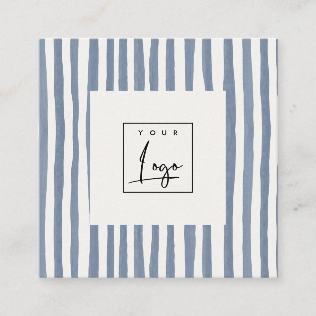 Boho Dusky Blue Watercolor Hand Drawn Strips Logo Square Business Card (Front)