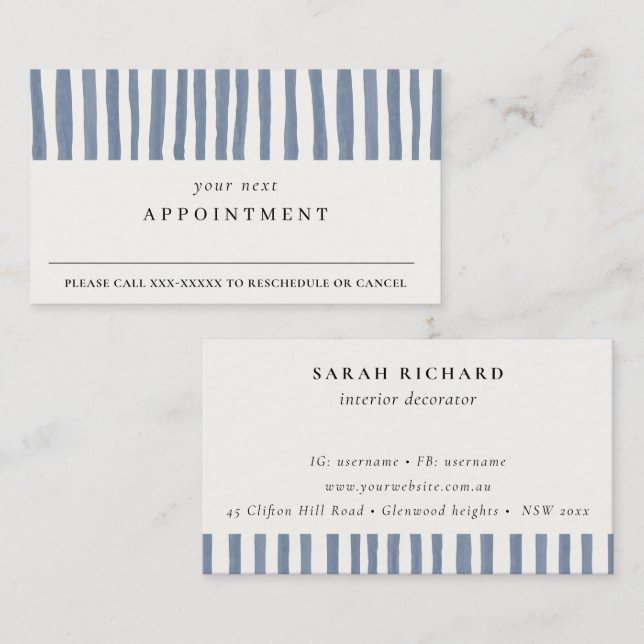 Boho Dusky Blue Watercolor Strips Appointment Business Card (Front/Back)