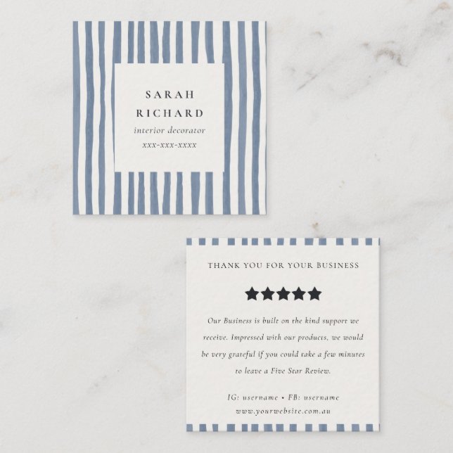 Boho Dusky Blue Watercolor Strips Review Request Square Business Card (Front/Back)