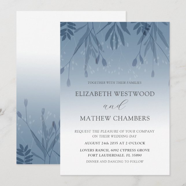 Boho Dusty Bleu Pressé Foliage Mariage Invitation (Devant / Derrière)