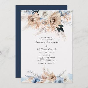 Boho Dusty Blue and Beige Floral Wedding Invitation