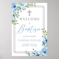 Boho dusty blue and silver glitter Baptism Welcome