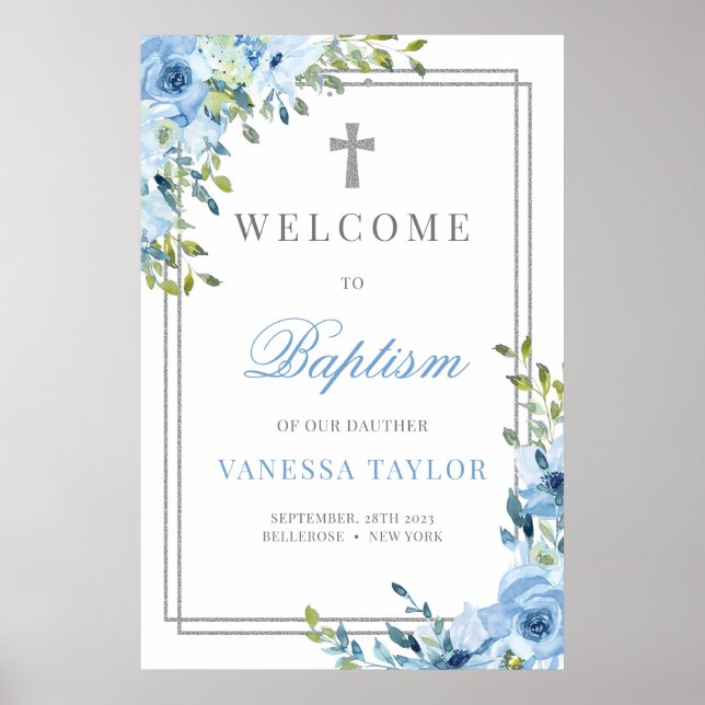 Boho dusty blue and silver glitter Baptism Welcome Poster (Front)