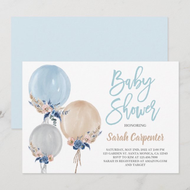 Boho dusty blue baby Shower balloons boy Invitation (Front/Back)