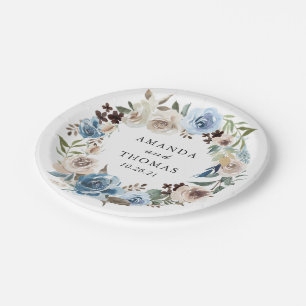 Boho Dusty Blue Beige Floral Wreath Wedding Paper Plate
