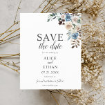 Boho Dusty Blue Beige Flowers Save The Date<br><div class="desc">Boho dusty blue and neutral beige flowers with dried leaves.</div>