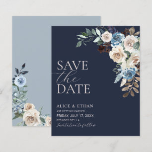 Boho Dusty Blue Beige Flowers Script Save The Date